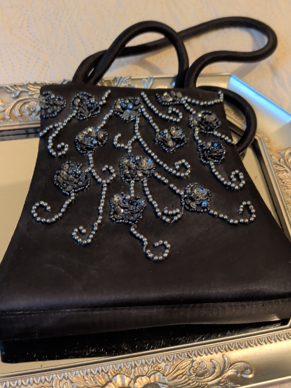 Black Beaded Rose Embellished Evening Bag